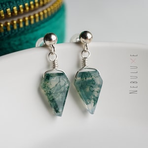 Moss Agate Earrings, Silver Stud Earrings, Moss Agate Jewelry, Unique Earrings, Handmade Jewellery, Moss Agate Necklace, Green Earrings