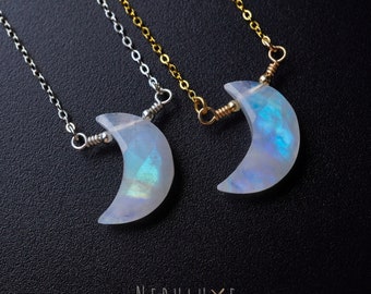 Rainbow Moonstone Necklace • June Birthstone • Gemini Zodiac Necklace • Crescent Moon Pendant • Celestial Jewellery • Moonstone Jewelry