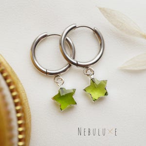 Peridot Earrings, August Birthstone, Star Earrings, Gold Silver Hoop Earrings, Peridot Jewelry, Huggie Hoop Earrings, Celestial Earrings