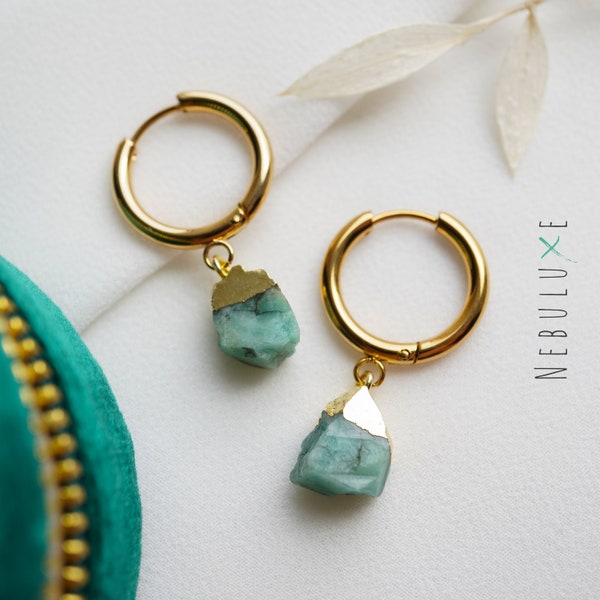 Raw Emerald Hoop Earrings, May Birthstone, Raw Crystal Earrings, Gemstone Hoop Earrings, Emerald Jewelry, Huggie Hoop Earrings