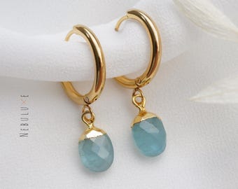 Aquamarine Earrings, March Birthstone, Birthstone Earrings, Silver Gold Hoop Earrings, Aquamarine Jewelry, Huggie Earrings With Charm