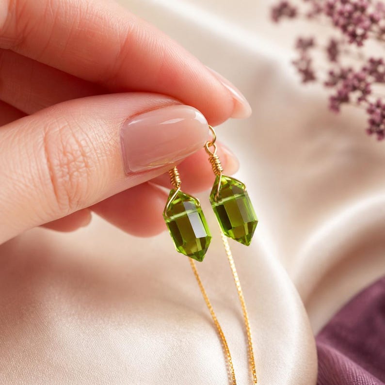 Peridot-Ohrringe zum Durchziehen, Geburtsstein-Schmuck für August, lange Kettenohrringe aus Silber und Gold Bild 5
