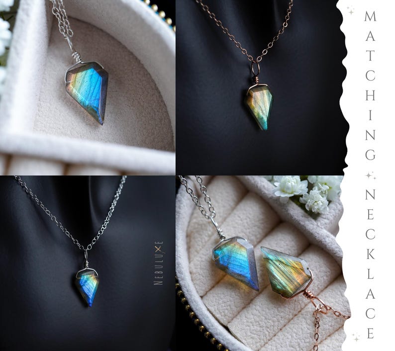 May include: A collection of necklaces with iridescent, geometric pendants. The pendants display a spectrum of colors, including blues, greens, and yellows. The necklaces are displayed on a neutral background, with the text "MATCHING NECKLACE" visible.