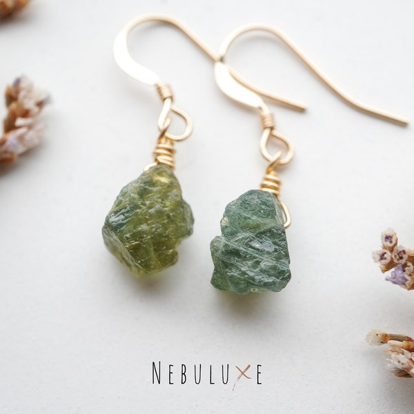 Green Sapphire Earrings • September Birthstone • Raw Crystal Earrings • Virgo Earrings • Sapphire Jewelry • Rough Gemstone Earrings