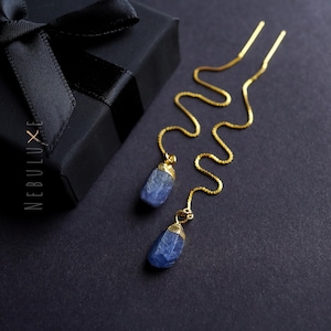 Blue Sapphire Earrings, Gold Threader Earrings, September Birthstone Gift, Sapphire Jewelry for 45th Anniversary, Boho Wedding Earrings