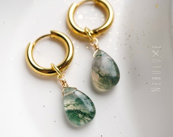 Moss Agate Earrings, Crystal Earrings, Moss Agate Jewelry, Unique Earrings, Gold Hoop Earrings, Quirky Earrings, Huggie Hoop Earrings