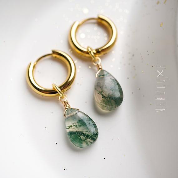 Moss Agate Earrings, Crystal Earrings, Moss Agate Jewelry, Unique Earrings, Gold Hoop Earrings, Quirky Earrings, Huggie Hoop Earrings