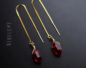 Garnet Threader Earrings, January Birthstone Earrings, Gold Hoop Earrings, Threader Earrings, Pull Through Earrings, Long Chain Earrings