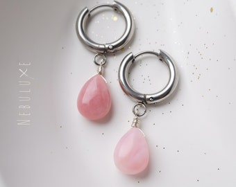 Créoles en opale, créoles en cristal, pierre de naissance d'octobre, bijoux en opale rose, cadeau de 14e anniversaire de mariage, boucles d'oreilles faites main