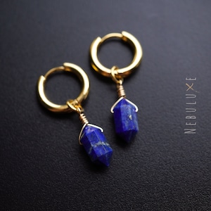 Lapis Lazuli Hoop Earrings, Crystal Hoop Earrings, September Birthstone, Huggie Hoop Earrings, Lapis Lazuli Jewelry, Handmade Earrings