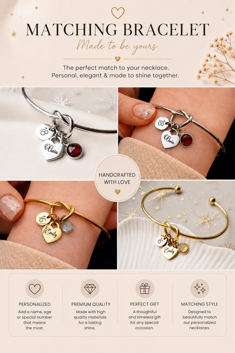 Peut inclure: Un bracelet jonc argent&eacute; et dor&eacute; avec un n&oelig;ud, une breloque ronde grav&eacute;e d'un chiffre, une breloque en forme de c&oelig;ur grav&eacute;e d'un pr&eacute;nom et une pierre pr&eacute;cieuse ronde. Le texte MATCHING BRACELET Made to be yours est visible sur l'image.