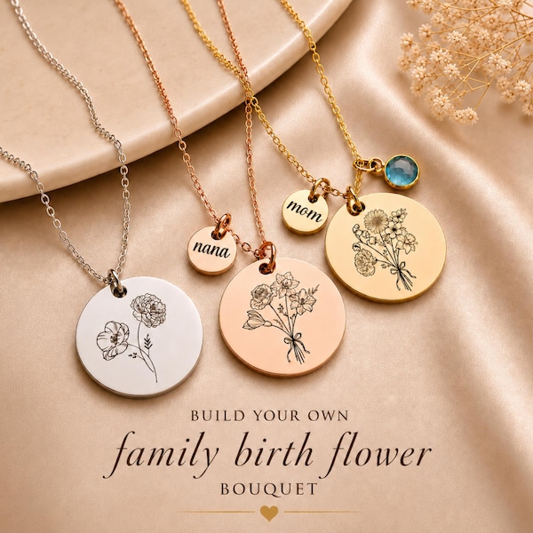 Combined Birth Flower Necklace, Custom Family Flower Bouquet Necklace, Gifts For Mom, Personalized Jewelry Gift Mom, Best Gift for Her