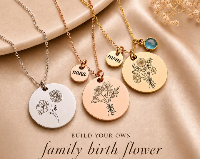 Combined Birth Flower Necklace, Custom Family Flower Bouquet Necklace, Gifts For Mom, Personalized Jewelry Gift Mom, Best Gift for Her