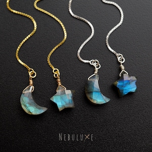 Labradorite Threader Earrings, Cresent Moon Earrings, Star Earrings, Celestial Earrings, Crystal Earrings, Labradorite Jewellery