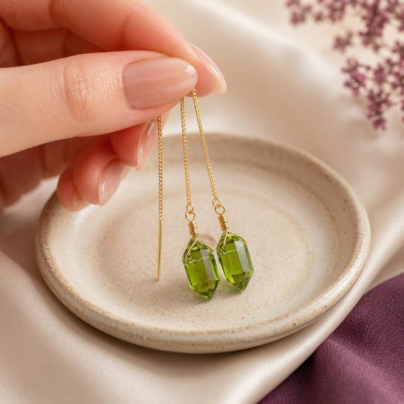 Peridot Pull Through Threader Earrings, August Birthstone Jewellery, Silver Gold Long Chain Earrings