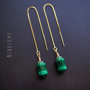Malachite Threader Earrings, Malachite Earrings, Crystal Hoop Earrings, Gold Threader Earrings, Pull Through Earrings, Long Chain Earrings