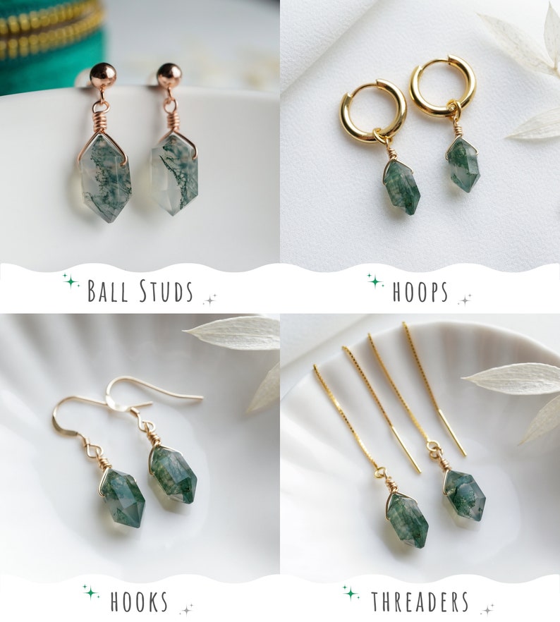 May include: Four different styles of earrings featuring green moss agate stones. The styles include ball studs, hoops, hooks, and threaders.