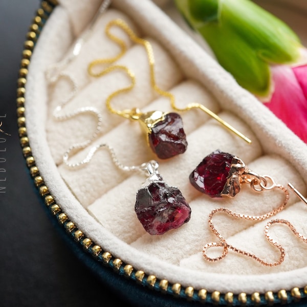 Red Garnet Earrings, Gold Silver Threader Earrings, January Birthday Gift, Boho Bridal Bridesmaid Earrings, 2nd Anniversary Gift for Her