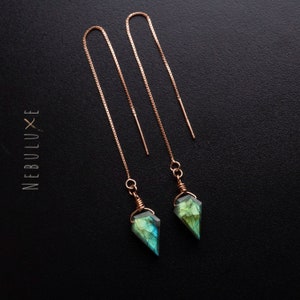 Labradorite Threader Earrings, Minimalist Earrings, Gold Threader Earrings, Labradorite Hoop Earrings, Pull Through Earrings, Gifts Under 30