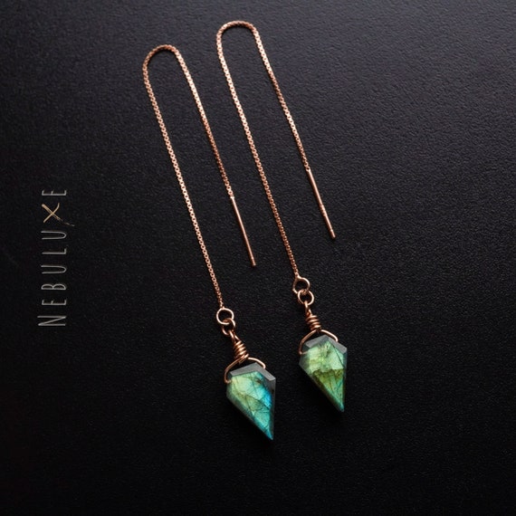 Labradorite Threader Earrings, Minimalist Earrings, Gold Threader Earrings, Labradorite Hoop Earrings, Pull Through Earrings, Gifts Under 30