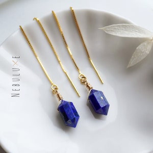 Lapis Lazuli Earrings, September Birthstone, Gold Hoop Earrings, Threader Earrings, Pull Through Earrings, Long Chain Earrings, Men Earrings