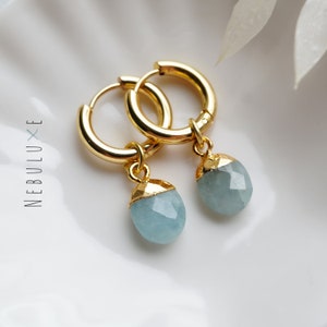 Aquamarine Earrings, March Birthstone, Birthstone Earrings, Silver Gold Hoop Earrings, Aquamarine Jewelry, Huggie Earrings With Charm