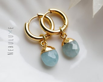 Aquamarine Earrings, March Birthstone, Birthstone Earrings, Silver Gold Hoop Earrings, Aquamarine Jewelry, Huggie Earrings With Charm