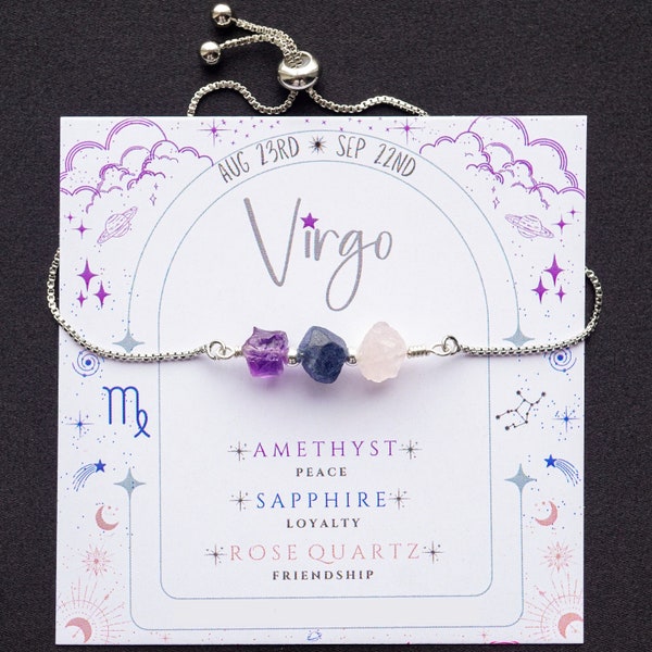 Virgo Zodiac Bracelet, Raw Crystal Jewelry, Adjustable Gemstone Bracelet, Boho Minimalist Jewelry, Amethyst Sapphire Rose Quartz Bracelet