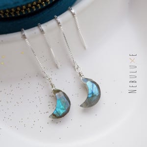 Labradorite Moon Threader Earrings, Crystal Moon Earrings, Unique Wedding Earrings, Celestial Earrings, Christmas Gift for Mom, Unique Gift