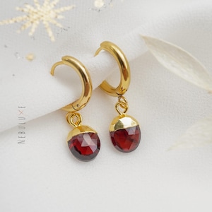 Garnet Earrings, January Birthstone, Gold Hoop Earrings, Garnet Jewelry, Huggie Hoop Earrings With Charm, Handmade Crystal Earrings