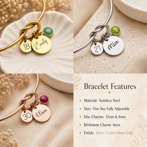 May include: Three adjustable stainless steel bangle bracelets in gold, silver, and rose gold tones. Each features a knot detail, a 6mm birthstone charm, and two round disc charms measuring 12mm and 8mm, engraved with names and numbers.