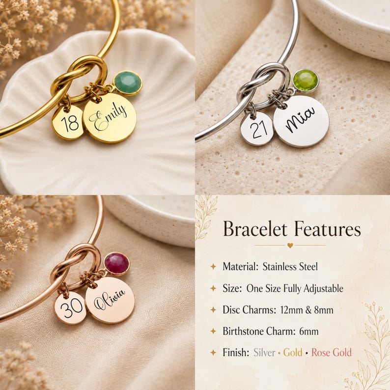 May include: Three adjustable stainless steel bangle bracelets in gold, silver, and rose gold tones. Each features a knot detail, a 6mm birthstone charm, and two round disc charms measuring 12mm and 8mm, engraved with names and numbers.