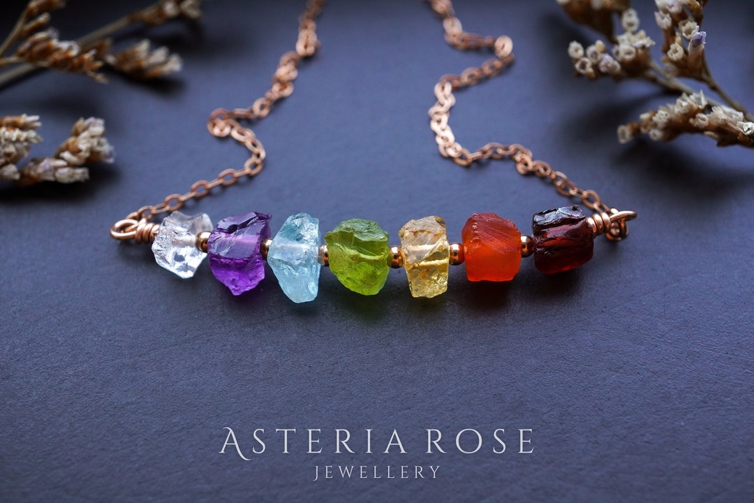 7 Chakra Necklace • Seven Chakra Pendant • Clear Quartz, Amethyst, Aquamarine, Peridot, Citrine, Carnelian, Garnet Necklace