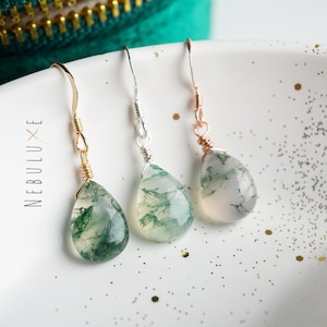 Boucles d'oreilles en agate mousse, Collier en agate mousse, Boucles d'oreilles en cristal, Bijoux faits main, Boucles d'oreilles en forme de larme, Bijoux en agate mousse, Boucles d'oreilles uniques