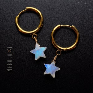 Moonstone Star Earrings, Crystal Hoop Earrings, Celestial Jewelry, Rainbow Moonstone Earrings, Wedding Earrings, June Birthstone Gift