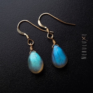 Labradorite Teardrop Earrings, Dangle Gold Earrings, Crystal Drop Earrings Sterling Silver, Zodiac Earrings