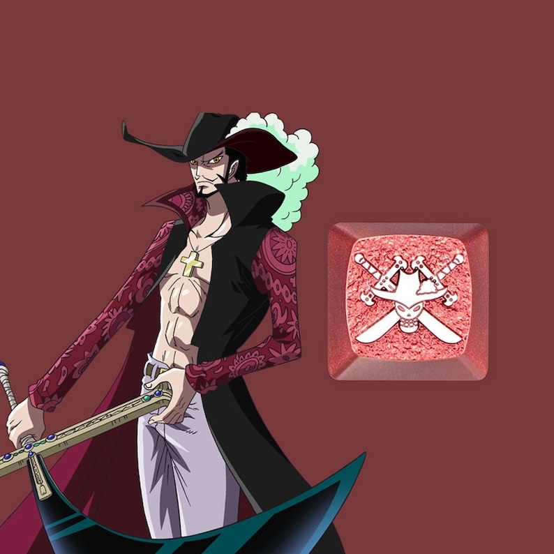 May include: A character from the anime One Piece, Trafalgar D. Water Law, wearing a red and black coat with a cross necklace, holding a sword. The character has a green cloud behind them. A red square with a white skull and crossed swords is in the background.