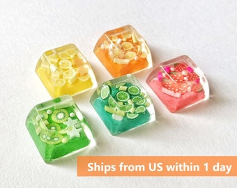 Handmade Cute Resin Keycaps Backlit Refreshing Fruit Themed: Avocado, Strawberry, Watermelon, Lemon, Lime, Dragon fruit, Grape, Kiwi, Orange