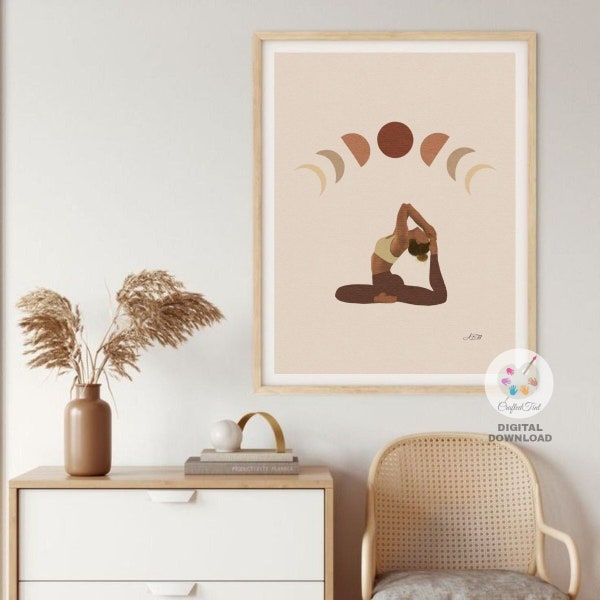 Boho Yoga Art, Yoga Pose Art, Boho Yoga Moon Print, Yoga Illustration, Yoga Print, Boho Woman Yoga Print, Moon Phase Print, Digital Download