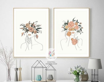 Female Line Art Print Set of 2, Minimalist Wall Art, Boho, Head of Flowers, Line Art Print, Women Line Art,Instant Digital Download PDF File