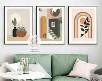 Boho Art Prints Set of 3, Mid Century Wall Art, Retro Minimal Art, Minimalist Print, Gifts Home Decor Instant Digital Download PDF File