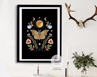 Floral Moon And Moth Art Print, Celestial Art Print, Luna Moth, Moon Print, Moth Print, Bohemian Art, Moon And Moth Print,Digital Download