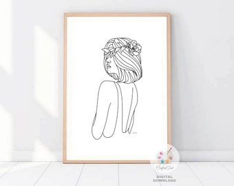 Woman Line Art Print, Minimalist Wall Art, Female Line Drawing, Head of Flowers, Woman Poster, Fashion Print, Digital Download PDF File