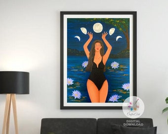 Moon Goddess Art, Spiritual Art Print, Moon Phases Art, Feminine Wall Art, Goddess Art Print, Abstract Art, Celestial Art, Digital Download