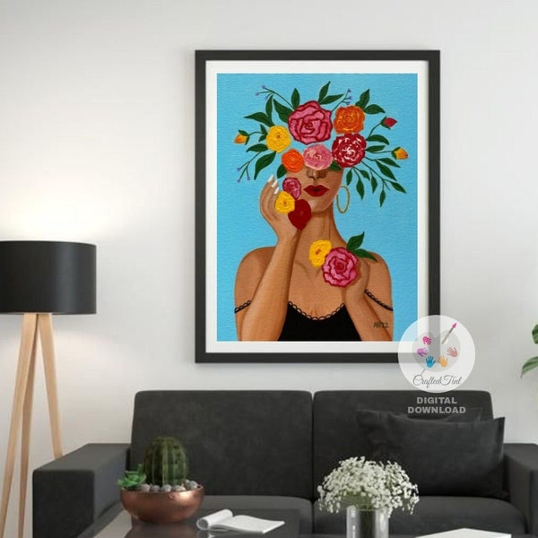 Head of Flowers, Woman Art Prints, Female Flower Print, Woman Head of Flowers, Floral Head Woman Painting,Feminine Wall Art,Digital Download