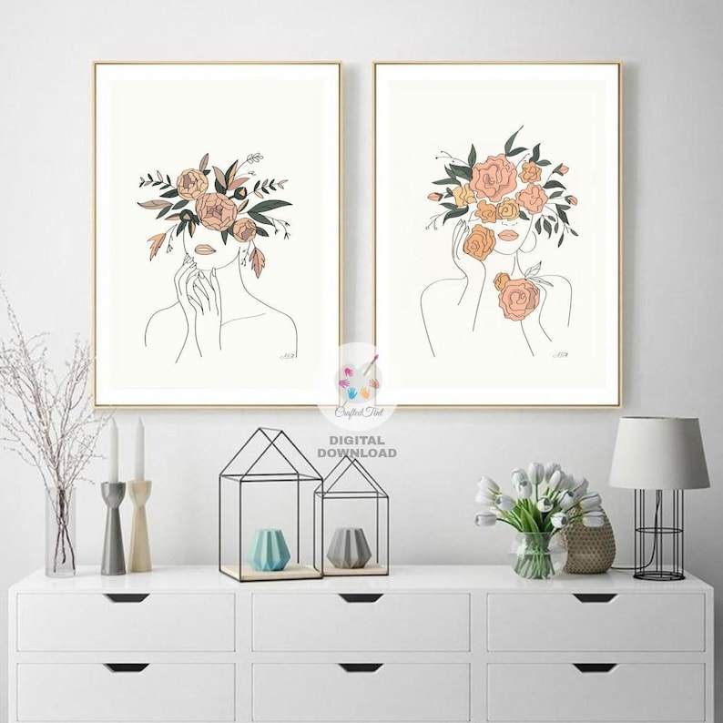 Female Line Art Print Set of 2, Minimalist Wall Art, Boho, Head of Flowers, Line Art Print, Women Line Art,Instant Digital Download PDF File image 1