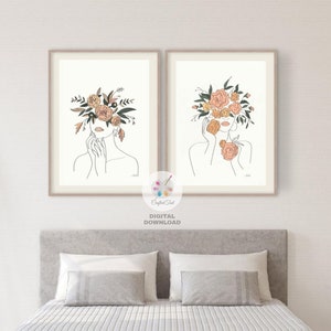 Female Line Art Print Set of 2, Minimalist Wall Art, Boho, Head of Flowers, Line Art Print, Women Line Art,Instant Digital Download PDF File image 6