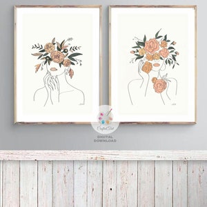 Female Line Art Print Set of 2, Minimalist Wall Art, Boho, Head of Flowers, Line Art Print, Women Line Art,Instant Digital Download PDF File image 8