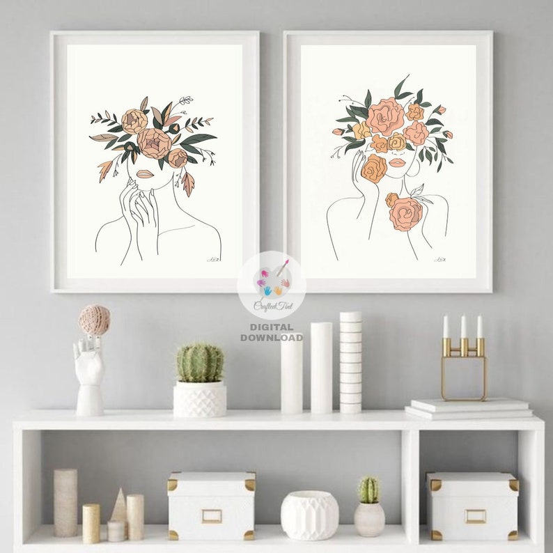 Female Line Art Print Set of 2, Minimalist Wall Art, Boho, Head of Flowers, Line Art Print, Women Line Art,Instant Digital Download PDF File image 4