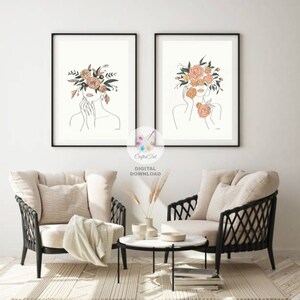 Female Line Art Print Set of 2, Minimalist Wall Art, Boho, Head of Flowers, Line Art Print, Women Line Art,Instant Digital Download PDF File image 7